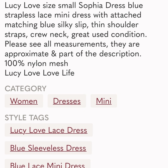 Lucy Love size small Sophia blue lace mini dress, strapless, attached slip EUC - Picture 12 of 12